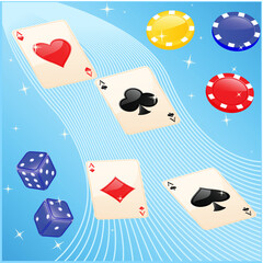 Vector illustration of casino elements: cards, chips and dice.