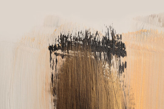 Oil and Acrylic smear blot painting wall. Abstract texture gold, beige, black color stain brushstroke background.
