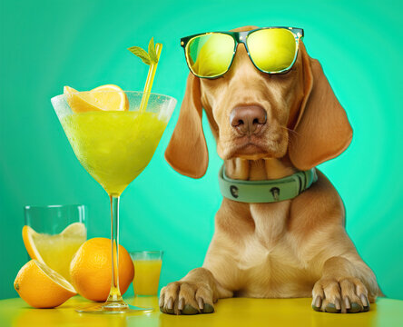 Cute dog with cocktail on color background. Summer party. Created with generative ai