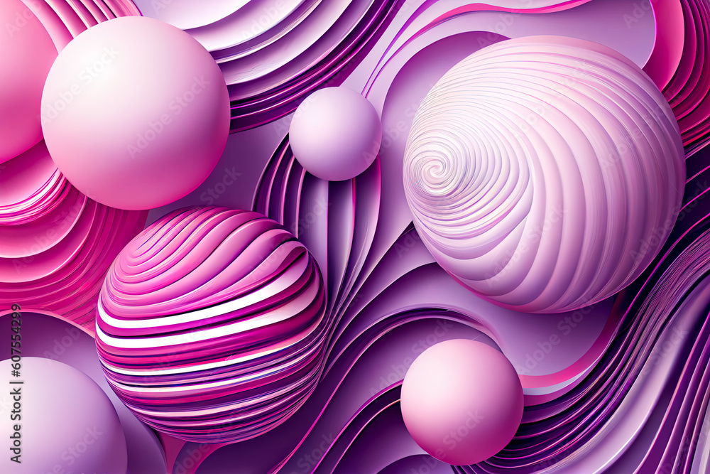 Poster abstract background with 3d spheres in pink and violet colors. generative ai