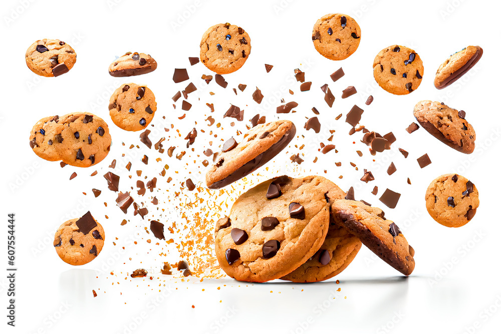 Poster chocolate chip cookies with splashes isolated on white background. generative ai