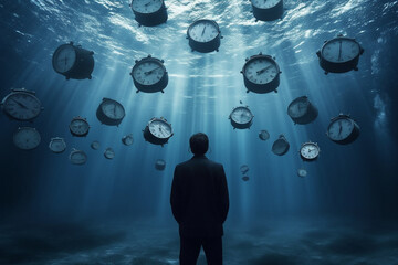 A surreal sight unfolds as the man rear view beholds a multitude of oversized alarm clocks sinking beneath the waves. Generative AI