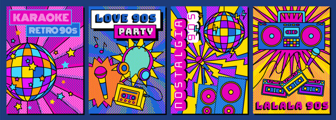 Cartoon Color Karaoke Club Concept Poster Card Invitation Nineties Music Retro Flat Design Style. Vector illustration