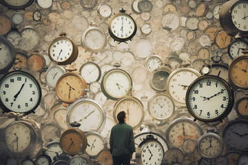Time's weight unfolds before the man's eyes, portrayed by a multitude of giant alarm clocks. Generative AI