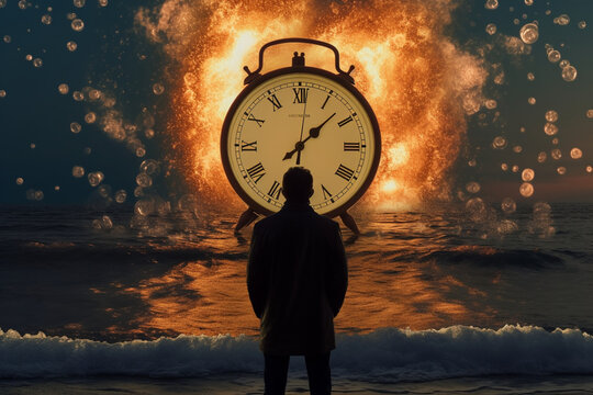 Time's burdens manifest as the man rear view gazes at a sea engulfing colossal alarm clocks. Generative AI