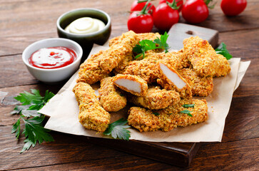 Delicious Crispy Fried Breaded Chicken Breast Strips with Ketchup on Dark Background