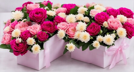 Beautiful bouquet of rose and chrysanthemums flowers and pink gift box on white table background. Gift for holiday, birthday, Wedding, Mother's Day, Valentine's day, Women's Day. Generative ai