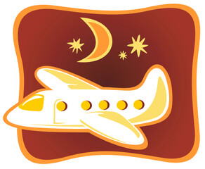 Funny cartoon plane flying in the night sky.