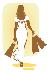 Brown silhouette of the woman in the white dress  with packages in hands.