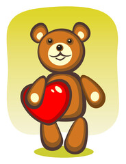 Obraz premium Toy bear and heart on a green background. Valentine's illustration.
