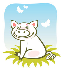 Cartoon happy piggy and butterflies on a blue sky background.