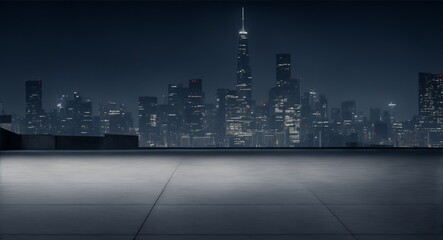 Empty concrete floor in the foreground, city skyline at night, generative ai