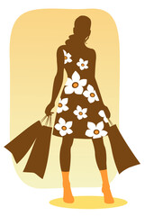 Brown silhouette of the woman  with packages in hands.