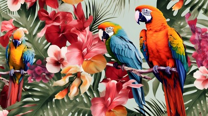 Tropical pattern with parrots and flowers in bright color Wallpaper Design generative AI