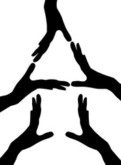 black and white symbols made from hands