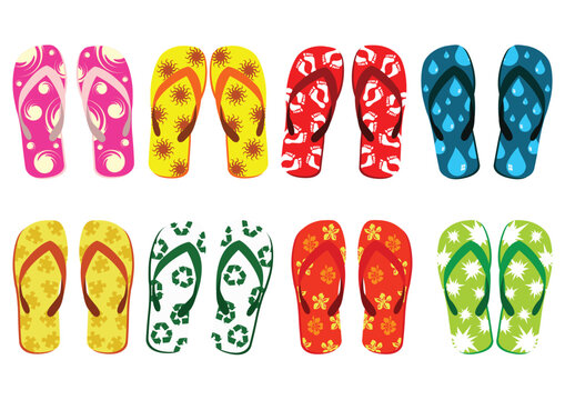 Beach sandals set. Different colorful flip-flops over white background