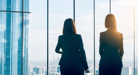Fototapeta Back view of female colleagues in formal wear standing near window looking at modern exterior of skyscrapers in business center, silhouette of women together planning future success, generative ai obraz