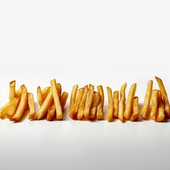 French fries in a row on white background 