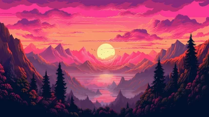 Poster 8-bit game background nostalgic landscape. Pixelated mountains, forests, and sunset. Retro gaming.  © Karrrtinki