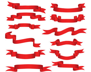 Collection of vector brightly red ribbons in different shape