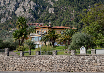 View of hotel and mountains in Limone sul Garda Italy