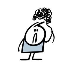 Sad stickman holds a tangle of negative thoughts by the thread. Vector illustration psychologist unravels the negative situation, solves the problem.
