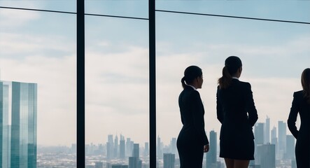 Back view of female colleagues in formal wear standing near window looking at modern exterior of skyscrapers in business center, silhouette of women together planning, generative ai