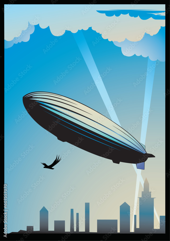 Poster a zeppelin is in sky, placard. an additional file is in the format of eps