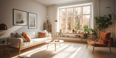 bright scandinavian living room interior on sunny day, Cinematic, Photoshoot, Shot on 65mm lens, Shutter Speed 1 4000, F 1.8 White Balance, 32k, Super-Resolution, Pro Photo RGB, Half rear Lighting, Ba - obrazy, fototapety, plakaty