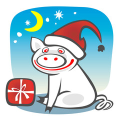 Christmas piggy and box on  a blue sky background. Christmasl illustration.