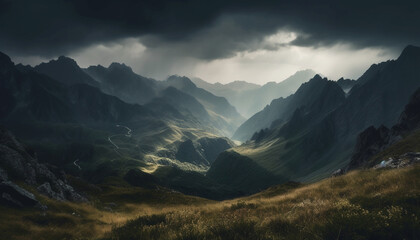 Majestic mountain range, tranquil meadow, and sunset generated by AI