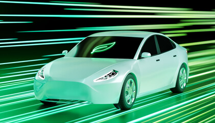 Electric car with leaf icon driving in speed light trail, clean green energy transportation for future city concept, eco renewable zero emission power EV innovation in motion 3D rendering