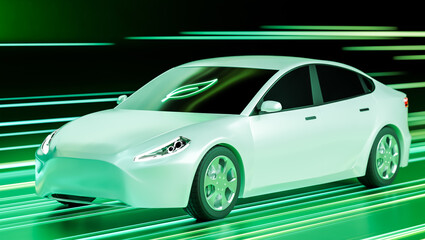Obraz premium Electric car with leaf icon driving in speed light trail, clean green energy transportation for future city concept, eco renewable zero emission power EV innovation in motion 3D rendering