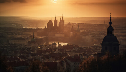 Naklejka premium Gothic spires silhouette ancient basilica at twilight generated by AI