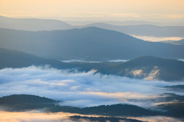 Sunrise in Blue Ridge Mountains with mist in the valley
