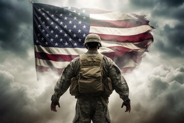 An American soldier with an American flag looks into the distance in clear weather, on Memorial Day or July 4, Memorial Day. generative ai