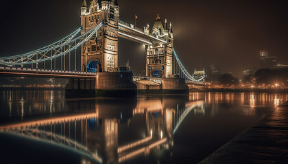 Fototapeta premium Illuminated suspension bridge majestically reflects in water generated by AI