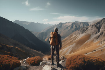Fototapeta premium The concept of travel . A male tourist with a large backpack in the mountains admires the high peaks. . Generate Ai Generative AI