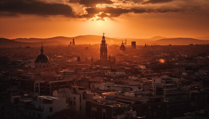 Naklejka premium Backlit city skyline illuminated by sunset glow generated by AI