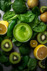 Fototapeta na wymiar Top view of a glass of green spinach smothie made of spinach, kiwi, lime and lemon. Detox healthy vegan vitamin drink for energhy and wellness. Healthy eating concept. Generative AI