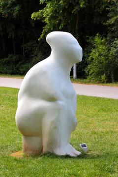 Jena, Germany - May 26, 2023: Statue of Atropos (The Death) by Anne-Katrin Altwein in Jena Paradies park. One of three Moirai, the personifications of destiny in ancient Greek mythology.
