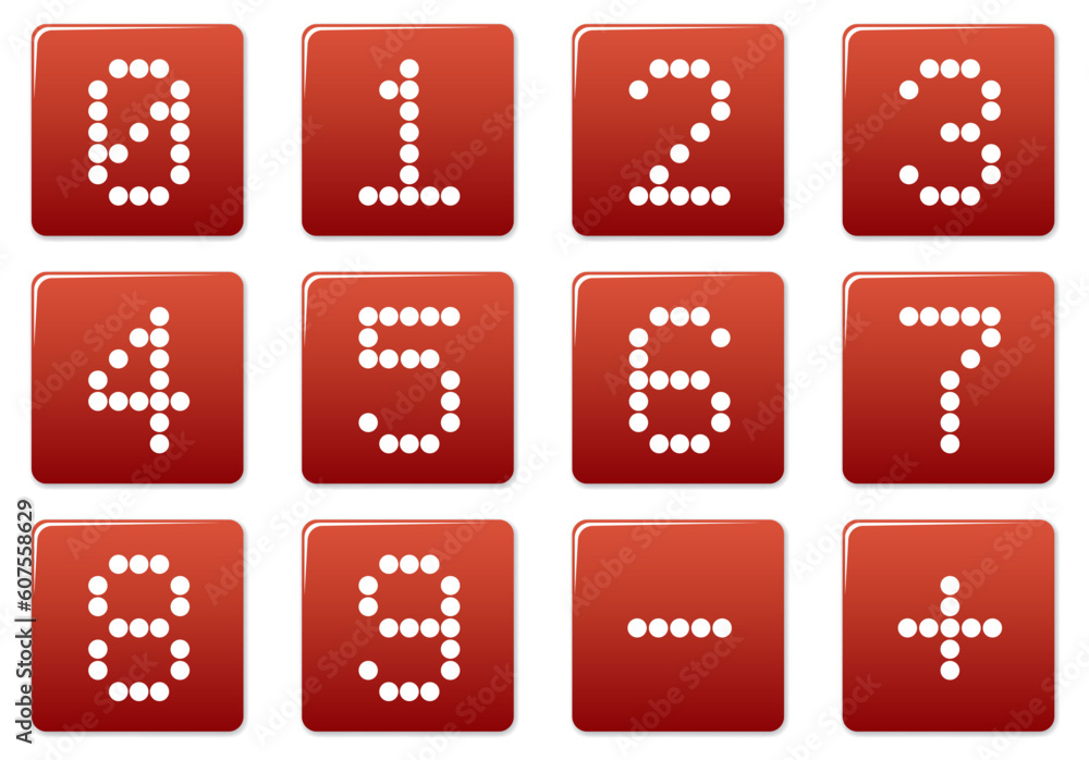 Poster digits square icons set. red - white palette. vector illustration.