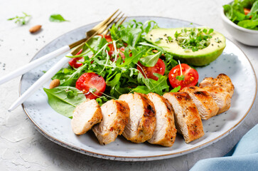 Grilled Chicken Fillet with Fresh Salad, Cherry Tomatoes and Avocado, Healthy food, Keto, Paleo Diet Menu