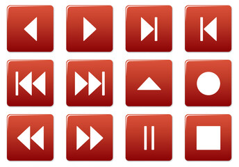 Media square icons set. Red - white palette. Vector illustration.