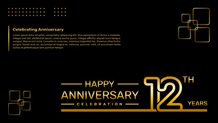 12th year anniversary template design with gold color, vector template illustration