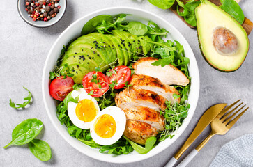 Grilled Chicken Fillet with Fresh Salad, Cherry Tomatoes, Boiled Egg and Avocado, Budha Bowl, Keto Paleo Diet Menu