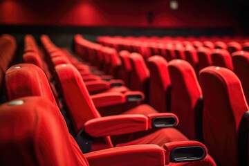 Empty comfortable red cinema or theater seats. Generative AI