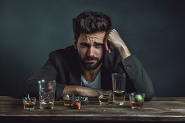 Drunk sad man sitting on a table with empty glasses. Generative AI
