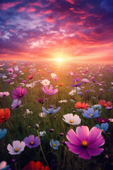 Magic sunset with flowers field with spring blossoms. Generative AI