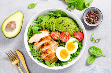 Grilled Chicken Fillet with Fresh Salad, Cherry Tomatoes, Boiled Egg and Avocado, Budha Bowl, Keto Paleo Diet Menu